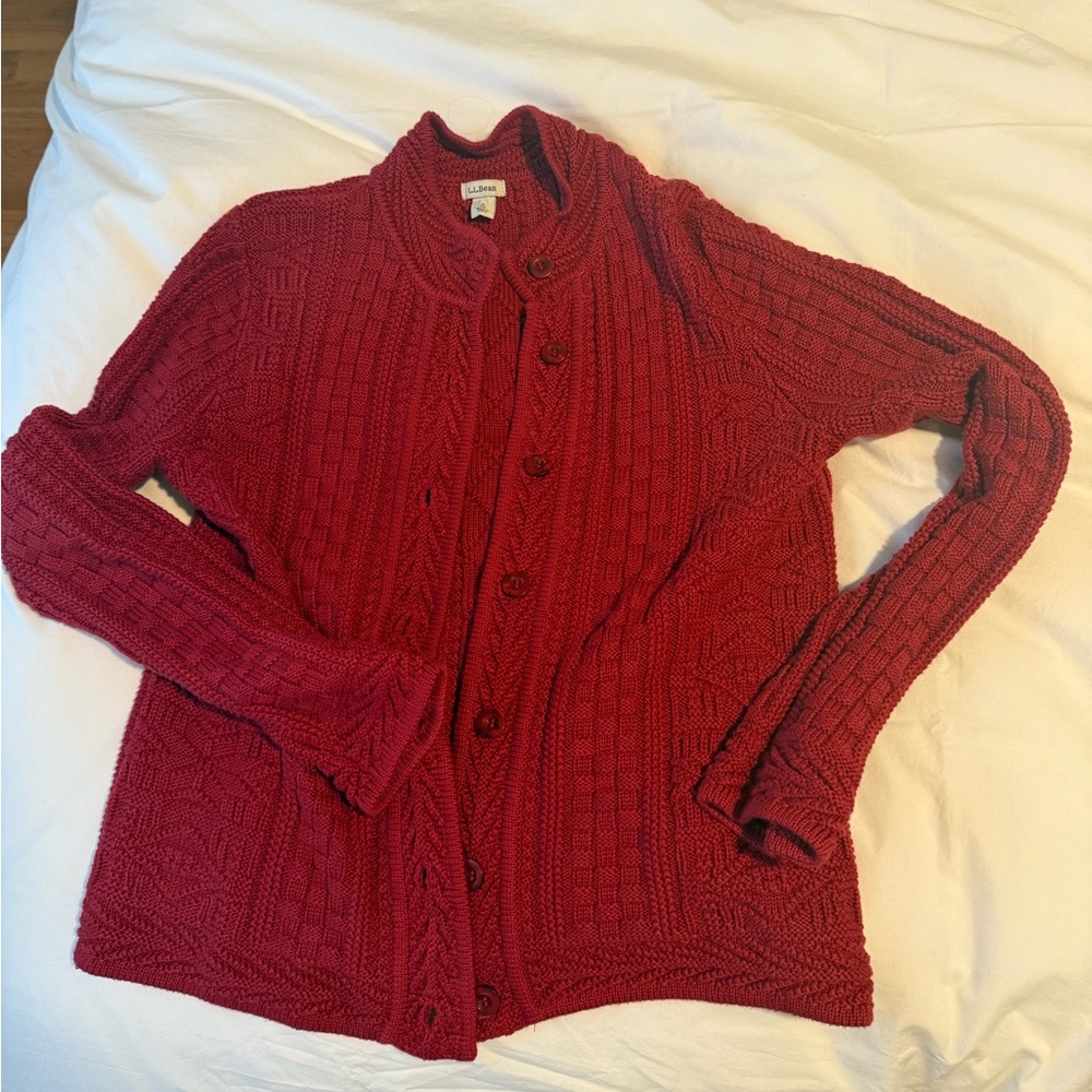 LL BEAN vintage 100% cotton Red Cable Knit Women's fisherman sweater - small